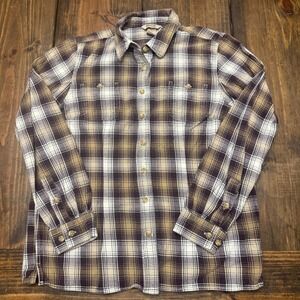 Duluth Trading Co Womens Plaid Flannel Shirt Brown Tan Long Sleeve Size M